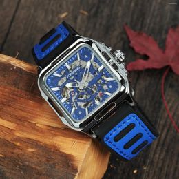 Wristwatches Forsining Silver Blue Sports Mechanical Watches Fashion Square Skeleton Automatic Watch For Men Rubber Leather Strap Luminous