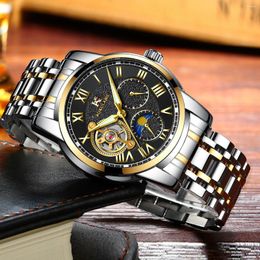 Wristwatches AOKULASIC Business Moon Phase Automatic Watch For Men Luminous Hands Tourbillon Skeleton Mechanical Watches Stainless Steel