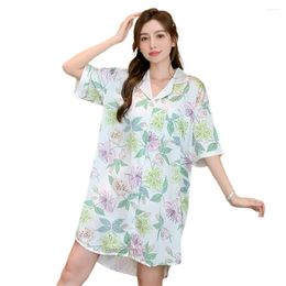 Women's Sleepwear Summer Casual Short-sleeved Nightgowns Ice Silk Printing Button Down Thin Loose Women Homewear Shirt Nightdress