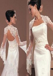 Cheap Vintage Bridal Bolero Jacket Shawl White Ivory Trumpet Long Sleeves Lace Appliques Illusion Open Back Formal Bridal Wraps Pl8208933