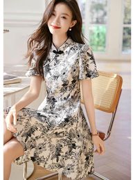 Ethnic Clothing 2024 Summer Black Short Cheongsam Floral Sleeve A-Line Dress Women Traditional Elegant Casual Qipao S To XXL S2499