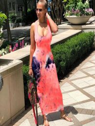 Tie Dye Print Sexy Long Dress Backless Bandage Maxi Dresses Sleeveless Vintge Vestidos Beach Party Club Outfis Sundress Casual2032275