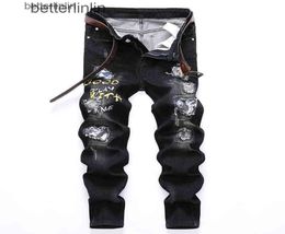 Spring and autumn new men039s rock revival mens designer jeans designs for men hole patch men039s small straight slim trend 8701558