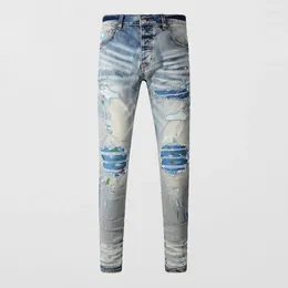 Men's Jeans Street Fashion Vintage Washed Blue Elastic Tight Colored Split Patch Designer Hip Hop Brand Pants