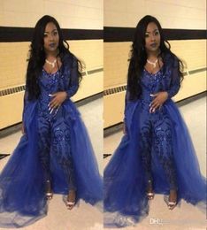 Trendy Jumpsuit Prom Dresses Pants Overskirt Long Sleeve Royal Blue Sequins Party Evening Gowns Robe De Soiree Celebrity Special O5820482