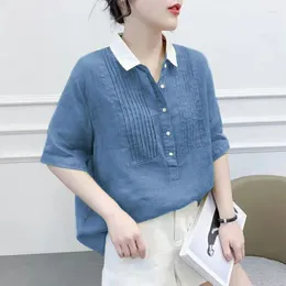 Women's Blouses Vintage Loose All-match Contrast Shirt Tops Summer Polo Neck Short Sleeve Solid Colour Blouse Fashion Casual Women Clothing