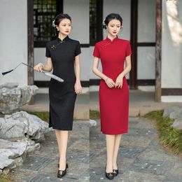 Ethnic Clothing Summer Solid Colour Knee-Length Qipao Mandarin Collar Chinese Party Dress Gown Women Sexy Cheongsam Classic Vestidos