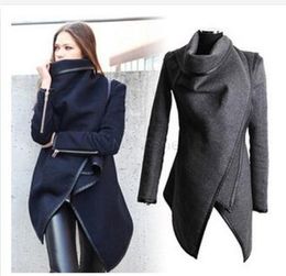 New Women Coat Asymmetric PU Piping Zipper Pockets Fashion Slim Wool Trench Winter Coat Color Navy Gray Casacos Femininos SXXL3339596