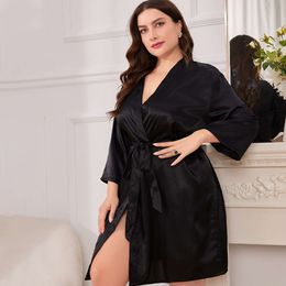Spring/Summer Large Size Sexy Imitation Silk Nightgown Solid Color Home Clothes Nightwear Sexy Loose Cardigan Lace up Bathrobe