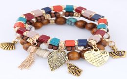 Vintage Wooden Beads Bracelets Bangles Multi Charms Bracelet Three Lines Bracelets For Women Bijoux Pulseira Jewelry3477291