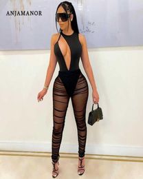 Women039s Two Piece Pants ANJAMANOR Sexy Black Two Piece Pants Sets Irregular Cutout Bodysuit Top and Ruched Mesh Leggings Club1458526