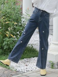 Women's Jeans Women's Korea Fashion Flower Embroidery Wide Pants Woman Japanese Style Loose Blue Denim Trousers Female