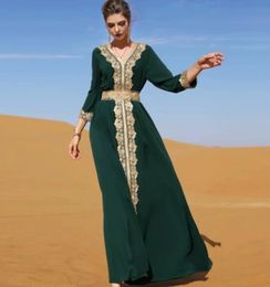 Elegant Green chiffon evening Gowns with V-Neck 3/4 Long Sleeves gold lace applique vestidos de fiesta Prom Dresses for Women