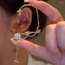 Backs Earrings Shiny Zircon Rose Flower Ear Cuff Gold Colour Tassel Clip On Women Korea Style Without Piercing Jewellery
