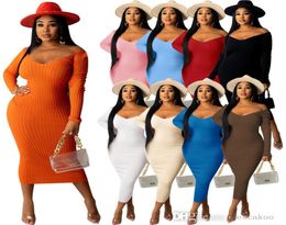 2022 Autumn Women Bodycon Plus Size Dress Ribbed Knitted Sweater Skirt Fashion Off Shoulder Long Sleeve Maxi Dresses3015306