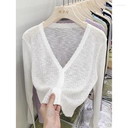 Women's Knits Summer Simple Solid Knitted Cardigan Fashion V-neck Single-breasted Sun Protection Shirt Casual All-matching Top Coat