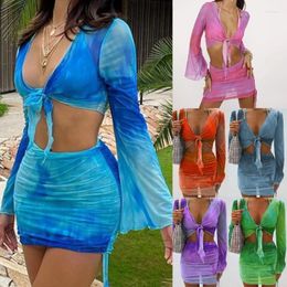 Work Dresses Women 2 Piece Tie-Dye Sheer Mesh Cover Up Dress Flared Long Sleeve Tie Front Crop Top And Bodycon Ruched Mini Skirt Set