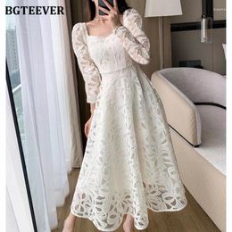 Casual Dresses BGTEEVER Autumn Winter Square Collar Women Mid-Length Lace Dress Elegant Long Sleeve Slim Waist Solid A-line