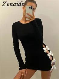 Casual Dresses Zenaide 2024 Winter Fashion Bow Bodycon Mini Dress For Women Elegant Outfits Sexy Hollow Out Long Sleeve Black Vestidos
