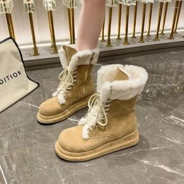 Boots Trendy And Fashionable Women's 2024 Winter Retro Thick Bottom Plush Warm Mid Cap Tie Up Cotton