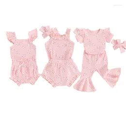 Clothing Sets FOCUSNORM 0-18M 3pcs Lovely Baby Girls Summer Clothes Floral Ruffles Sleeve Romper Elastic Shorts/Flare Pants Headband