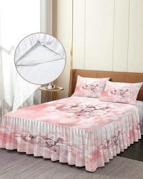 Bed Skirt Flower Plant Cherry Blossom Pink Elastic Fitted Bedspread With Pillowcases Mattress Cover Bedding Set Sheet