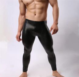 Sexy Men Long Johns undershirt Slim Black Faux Leather Underpants Male Thin Smooth U Convex Gay Fitness Pouch Midwaist Leggings U2237337