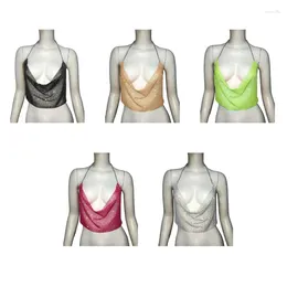 Women's Tanks Womens Glitter Rhinestones Mesh Halter Crop Top Sexy Backless Cowl Neck Fishnet Camisole Body Chain Beach Party Clubwear