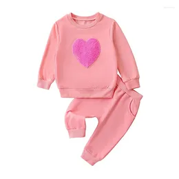 Clothing Sets Infant Girl Valentine's Day Clothes Heart Embroidery Long Sleeve Sweatshirt Solid Colour Pants 2 Pcs Outfit