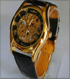 Fashion Casual Mens gold Black Skeleton Hand Wind Mechanical Watch Brand Men039s Manual Analogue Dress Wristwatches4724341