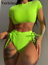 Women's Swimwear Cross Back Short Sleeve Female Swimsuit High Waist Bikini Women Two-pieces Set Bather Bathing Suit Swim V4121