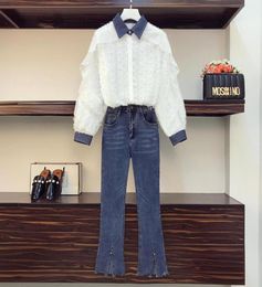 Women039s Two Piece Pants Ladies Elegant Jean Set 2021 Fashion Lapel Lace Denim Stitching Ruffled Shirt TopBlue Pant Suit Plus4831712