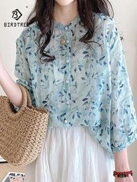 Women's Blouses Spring Cotton Flower Printed Shirt Women Stand 3/4 Sleeve Literature Tops Girl Loose Versatile 2024 Autumn T45308QC