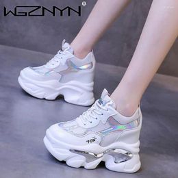 Casual Shoes 11CM Mesh Chunky Sneakers Wedge Platform Breathable Hollow Pink Sneaker Vulcanised Summer Comfortable Patant Leather