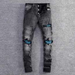 Men's Jeans Street Fashion Men Retro Black Grey Stretch Skinny Fit Ripped Blue Leather Patched Designer Hip Hop Brand Pants