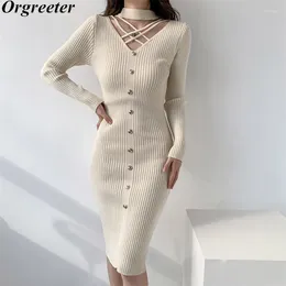 Casual Dresses Autumn Winter Knitted Sexy Slim Bodycon Dress Chic V-neck Long Sleeve Single-breasted Women