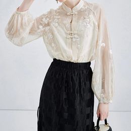 Women's Blouses EVNISI White Woman Blouse Tank Tops Two-Piece Set Elegant Embroidery Office Shirt Chinese Button Long Sleeved Pullover Top