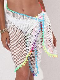 Yiiciovy Women Bikini Cover Ups Shawl Skirts Summer Casual Fishnet Cutout Swimsuit Sarong Beach Wrap Skirt With Tassels