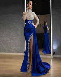 Casual Dresses Evening Party Women Elegant Slim Long Sleeve Sequin Big Swing Dinner Sexy Mesh High Split Blue Maxi2749599