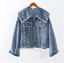 Autumn Jean Jacket for Women Casual Blue Denim Jacket Pearls Beading Coats Female Outerwear Navy collar Denim coat Feminine1493693