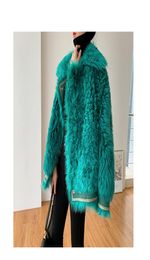 New design women039s turn down collar peacock green color double faced faux fur loose warm long sleeve jacket coat plus size S 6462148