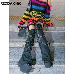 Women Socks REDDACHiC Elastic Goth Black With Leather Harness Y2k Steampunk Solid Thigh Long Harajuku Grayu Gaiter