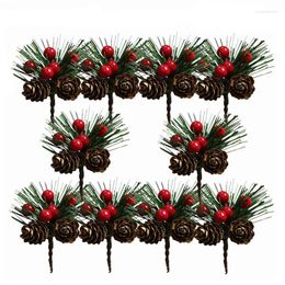 Decorative Flowers 10Pcs Artificial Flower Red Christmas Berry Pine Cone With Holly Branches Decoration Ornaments Floral Wreath Decor