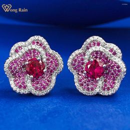 Stud Earrings Wong Rain Luxury 925 Sterling Silver Flower Round Cut 5MM Ruby High Carbon Diamond Gemstone Ear Studs For Women Jewellery