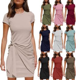 Casual Dresses Office Ladies Knotted Ruched Irregular Dress Belt Tshirt Mini Pleated Cotton Short For Women Outfit Femme Summer6209504