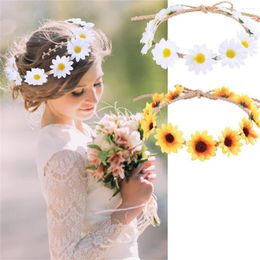 Decorative Flowers Floral Fall Boho Sunflower Crown Daisy Hair Wreath Headband Bridal Headpiece Flower Girl Headdress Wedding Pography