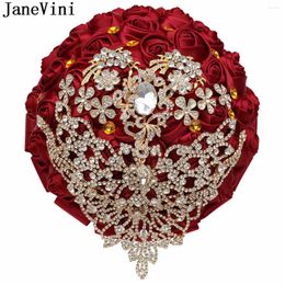 Wedding Flowers JaneVini Luxury Rhinestone Jewellery Burgundy Bridal Bouquets Artificial Satin Roses Brooch Bouquet Accessories