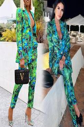 Green Jungle Print Blazer Pant Suits Women Vintage Streetwear 2 Piece Set Long Sleeve Coat and High Waist Trouser 2020Autumn New4342788