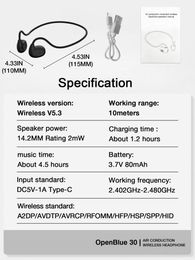 air conduction Bluetooth headset open-ear Wireless Headphones Bluetooth earphones wireless 5.3 with ultra long battery life sports sensorless waterproof OPEN30