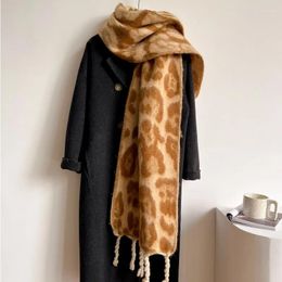 Scarves 2024Winter Style ImitationCashmere Braided Tassel Women's Scarf Long Shawl Leopard Pattern Circled Yarn Thickened Warm